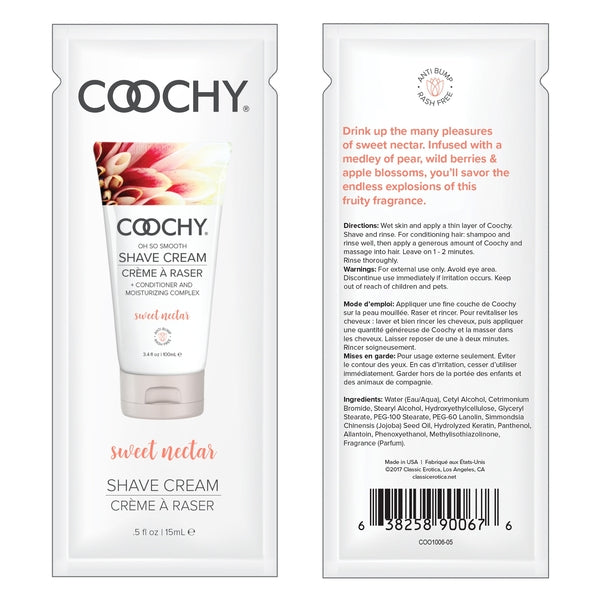 Coochy Sweet Nectar Shave Cream sample packet with product details and ingredients.