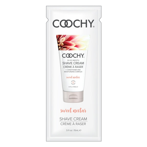 Coochy Sweet Nectar Shave Cream sample packet with floral imagery.