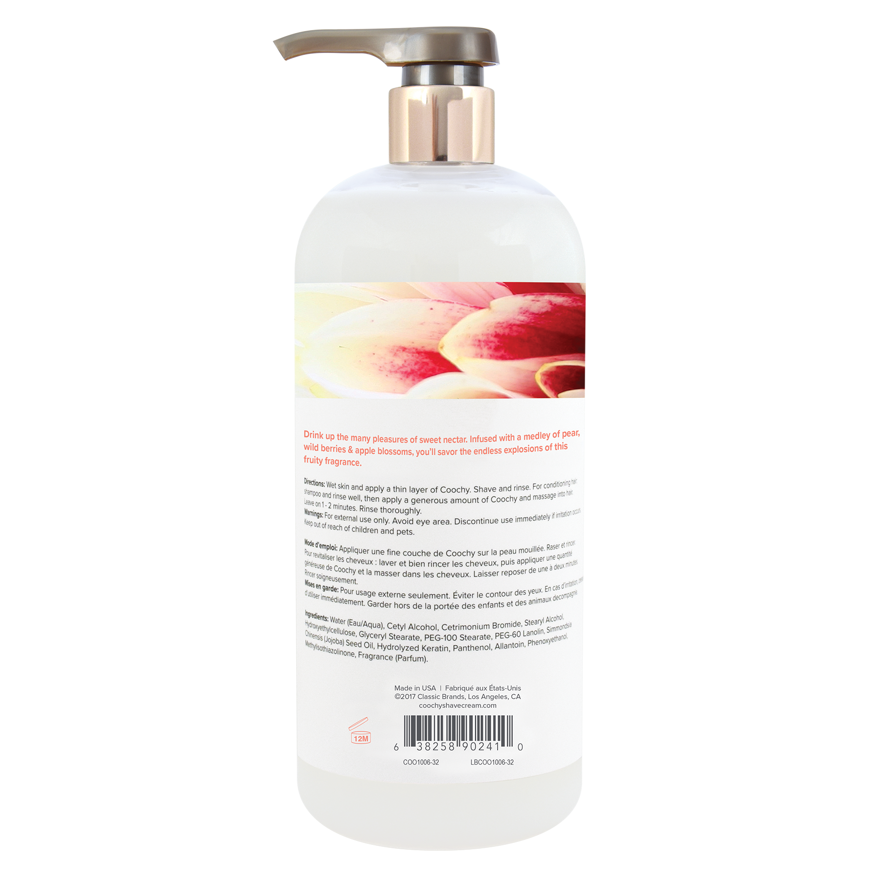 Coochy Sweet Nectar Shave Cream bottle with floral design and pump dispenser.