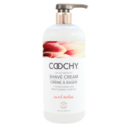 Coochy Sweet Nectar Shave Cream in a white pump bottle with floral accents.