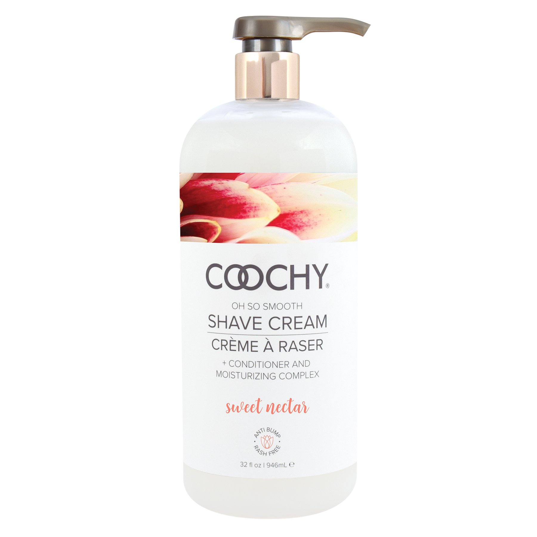 Coochy Sweet Nectar Shave Cream in a white pump bottle with floral accents.