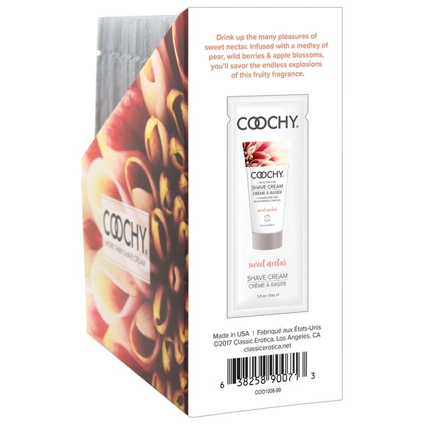 Coochy Sweet Nectar moisturizing shave cream foil packets.