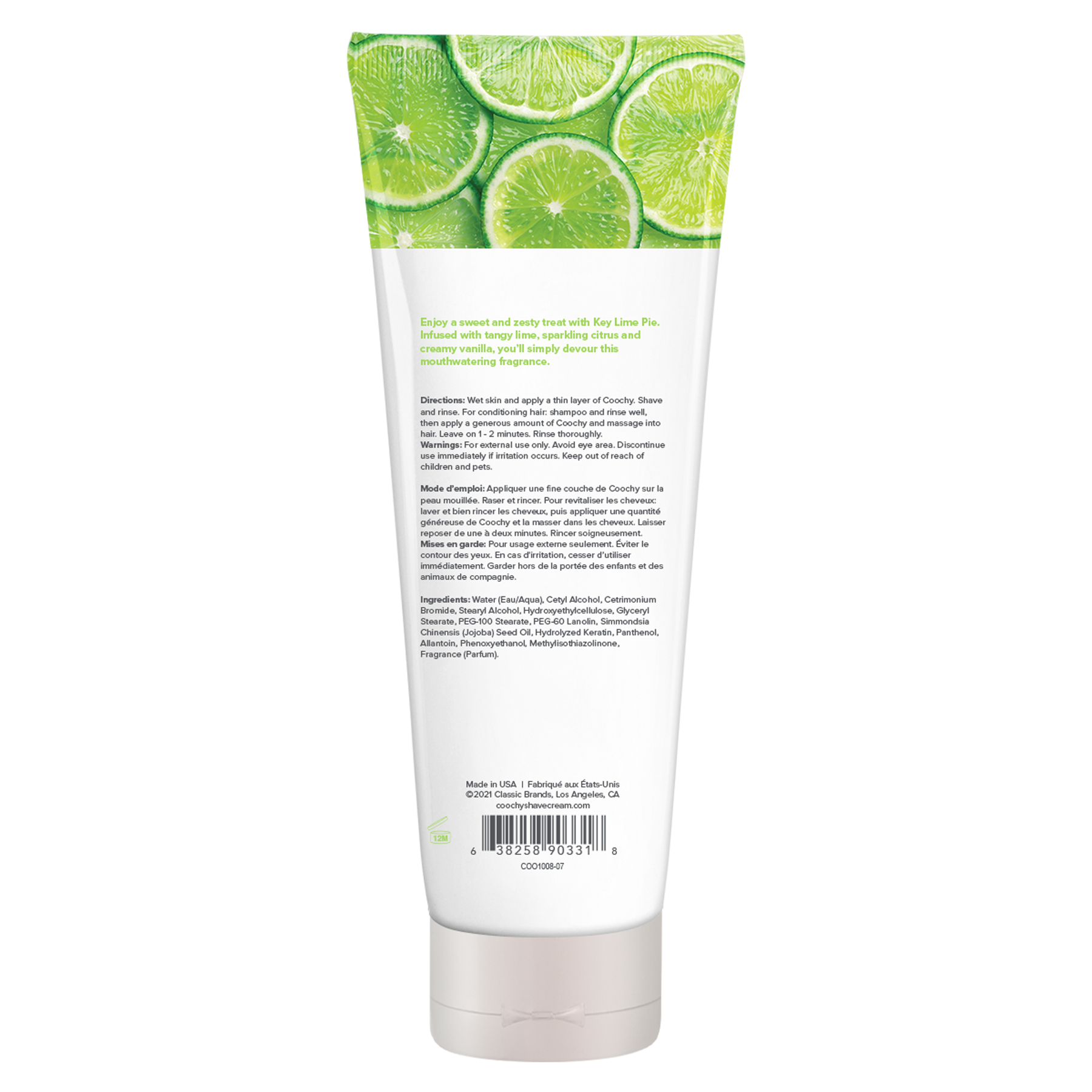 A tube of Coochy Key Lime Pie shave cream with lime slices in the background.