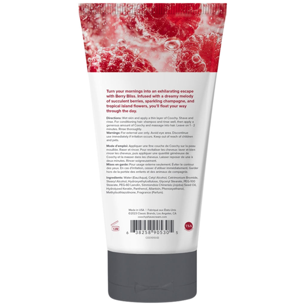 Coochy Berry Bliss Shave Cream with raspberry design.