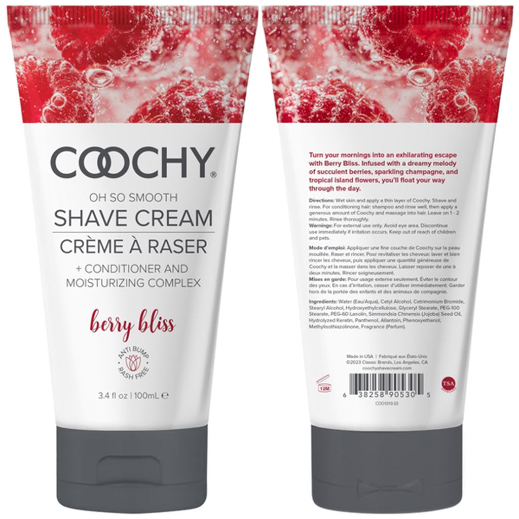 Coochy Berry Bliss Shave Cream with conditioner and moisturizing complex.