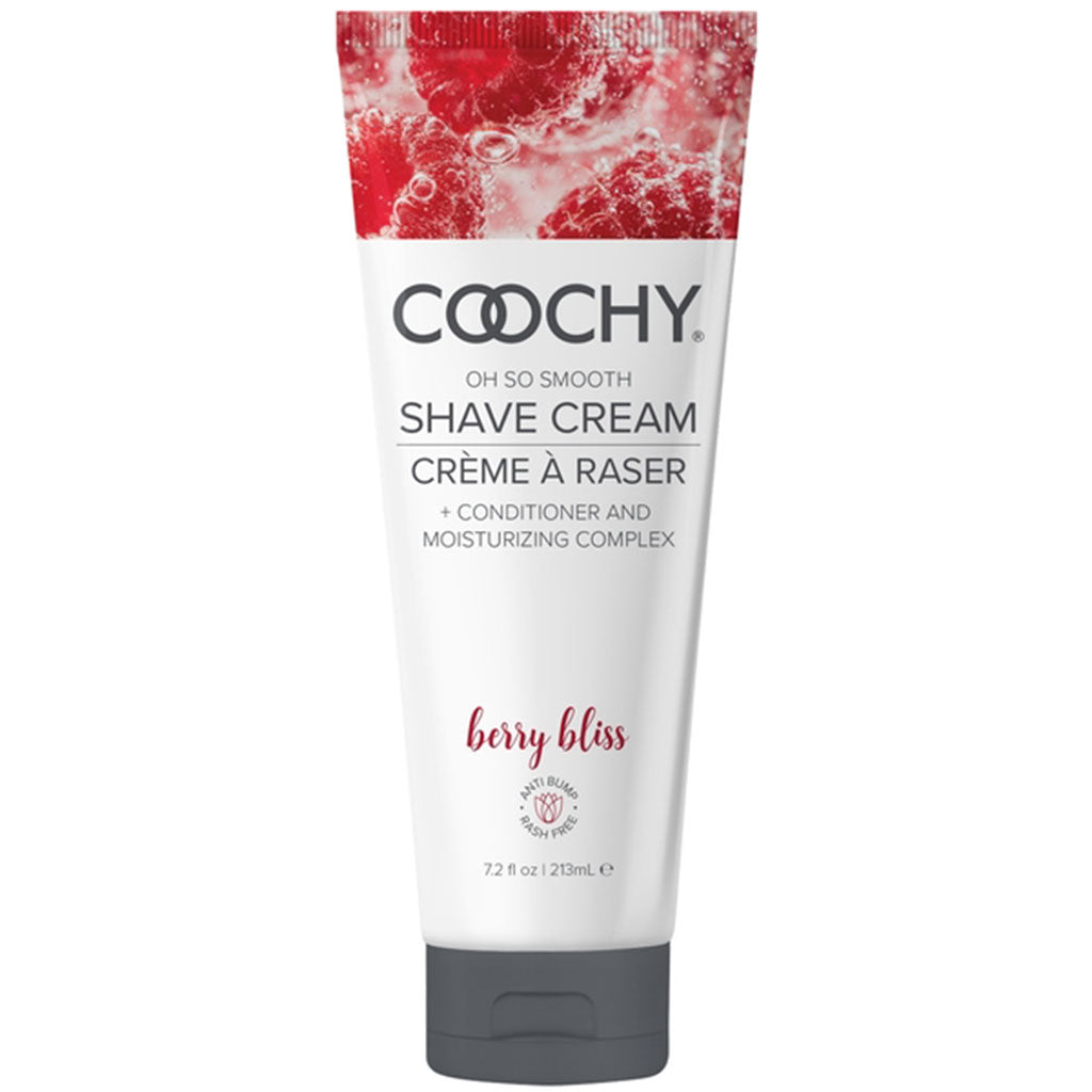 Coochy Berry Bliss shave cream in a white tube with raspberry imagery.