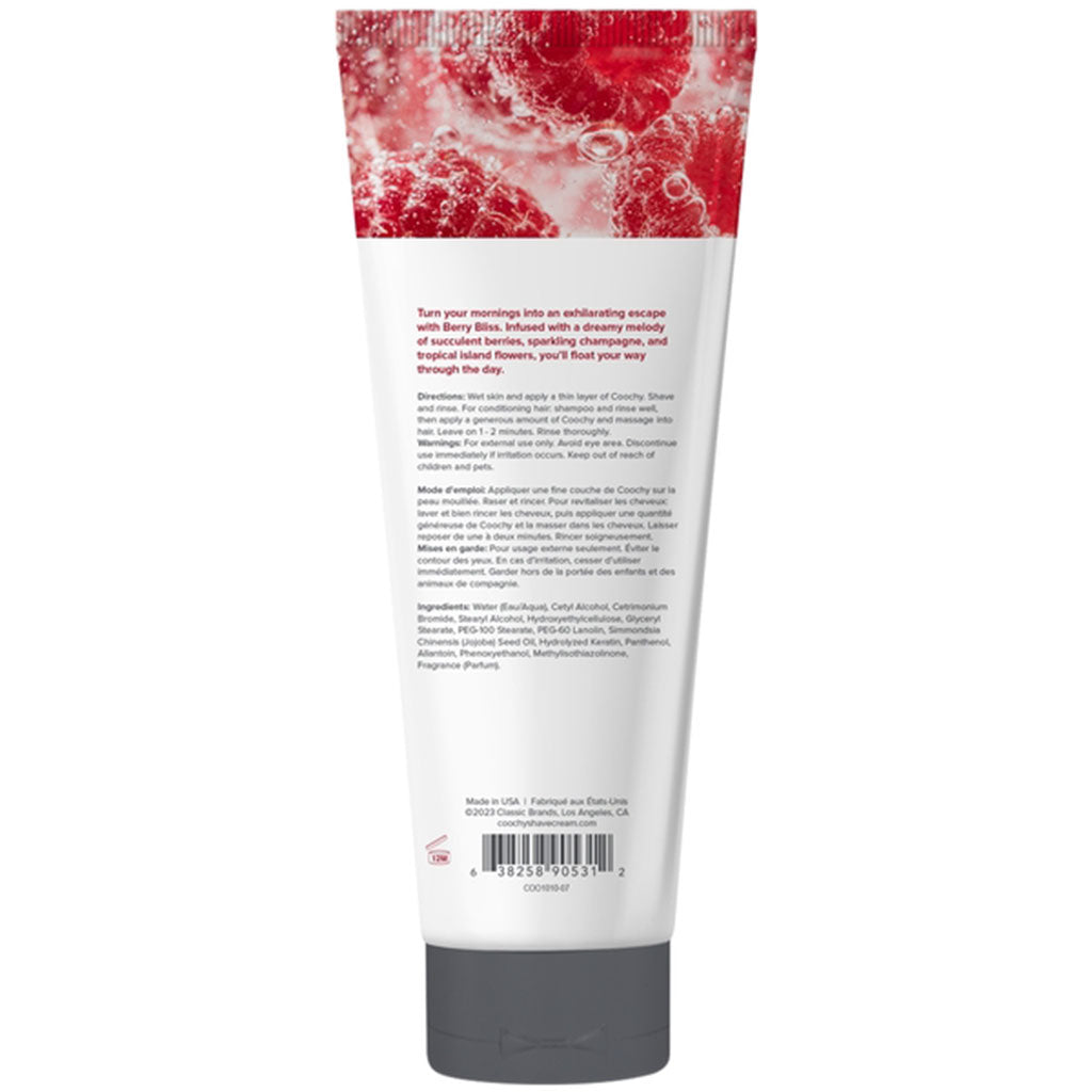 A tube of Berry Bliss Coochy shave cream with raspberry imagery.