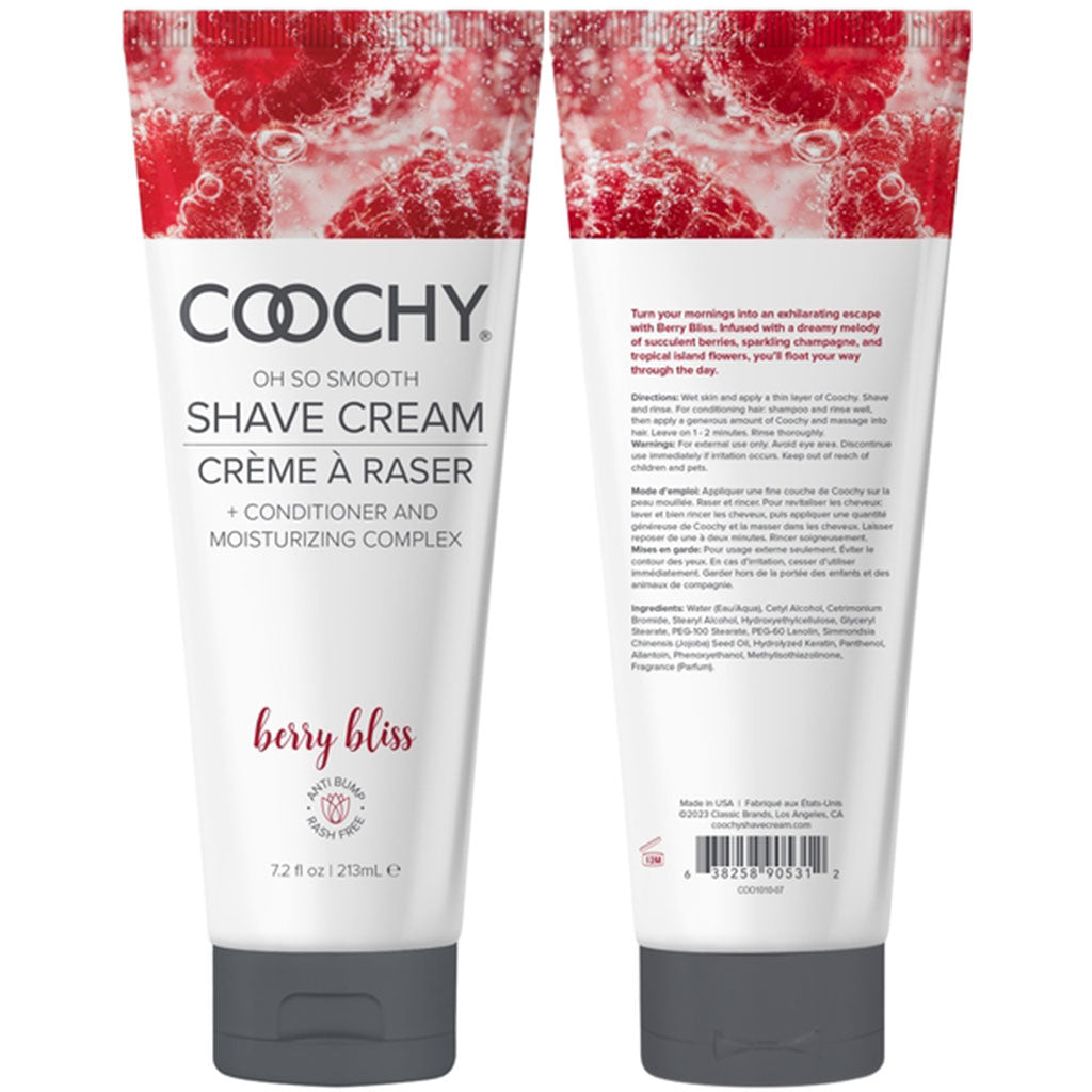Coochy Berry Bliss shave cream with conditioner and moisturizing complex.