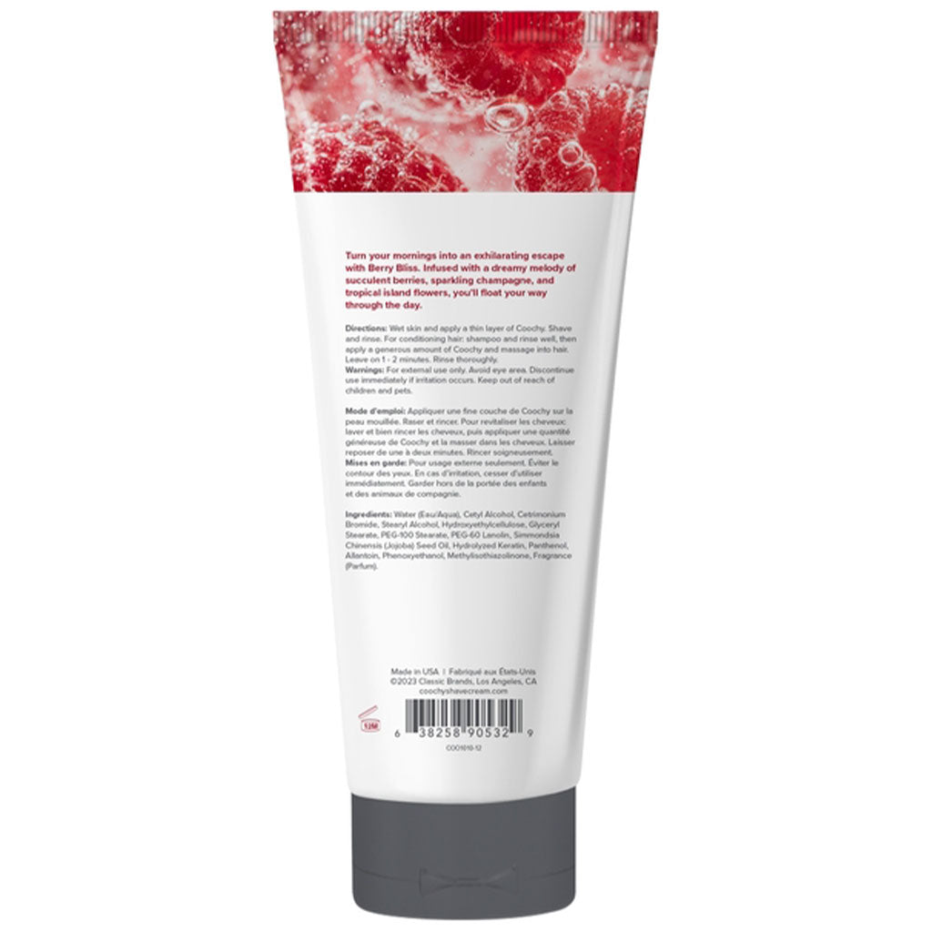 Coochy Berry Bliss moisturizing shave cream with raspberry imagery.