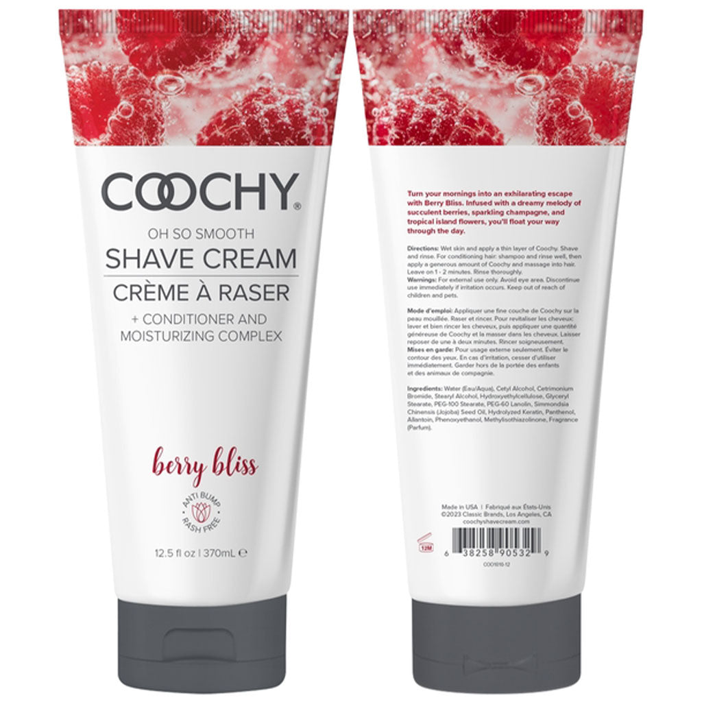 Coochy Berry Bliss moisturizing shave cream with raspberry imagery.