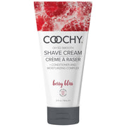 Coochy Berry Bliss shave cream in a travel-size tube with raspberry imagery.
