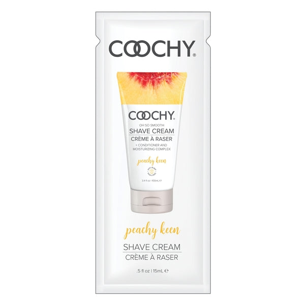 Coochy Peachy Keen shave cream sample packet with peach imagery.