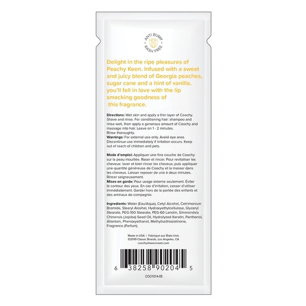 A sample packet of Coochy Peachy Keen Moisturizing Shave Cream with directions and ingredients.