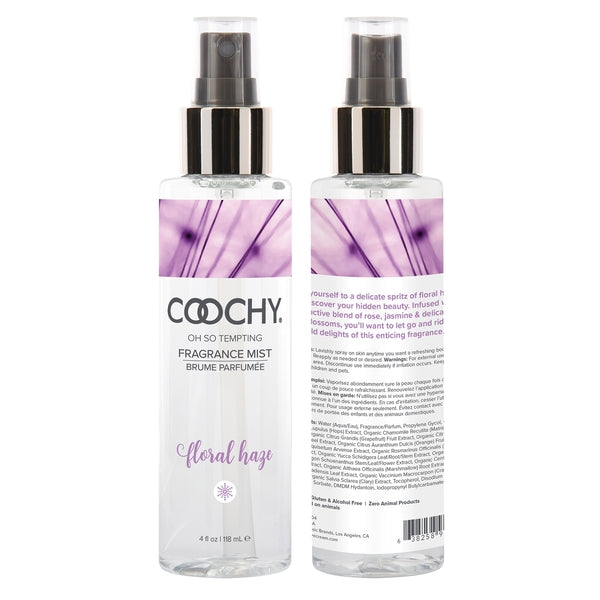 Coochy Floral Haze Fragrance Mist in a clear spray bottle with purple floral accents.