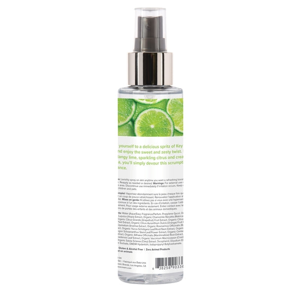 A clear bottle of Key Lime Pie Fragrance Mist with sliced limes on the label.