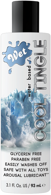 Wet Cool Tingle water-based lubricant with ice glacier imagery.