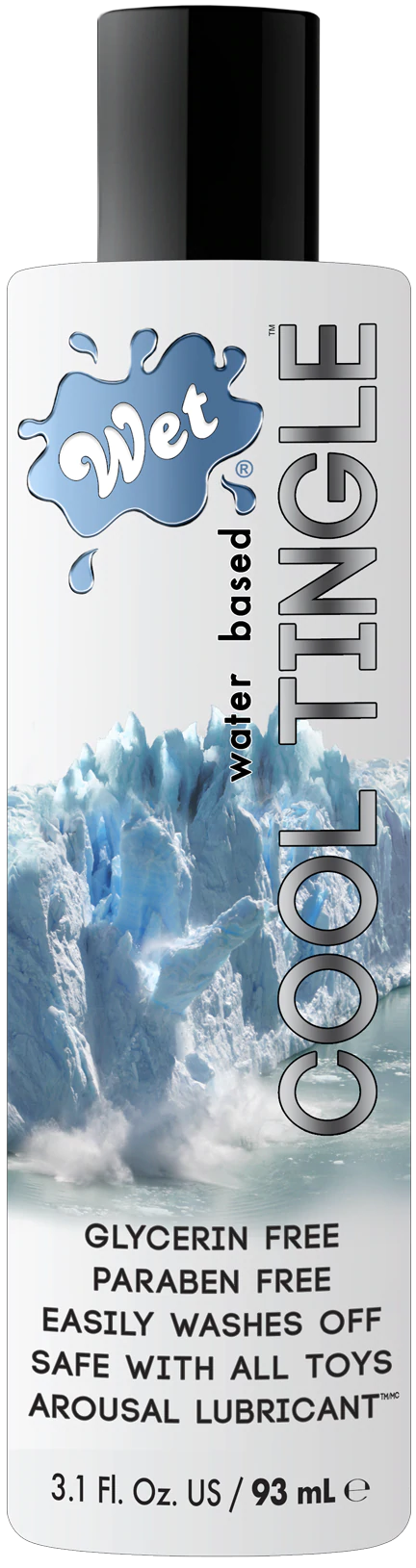 Wet Cool Tingle water-based lubricant with ice glacier imagery.