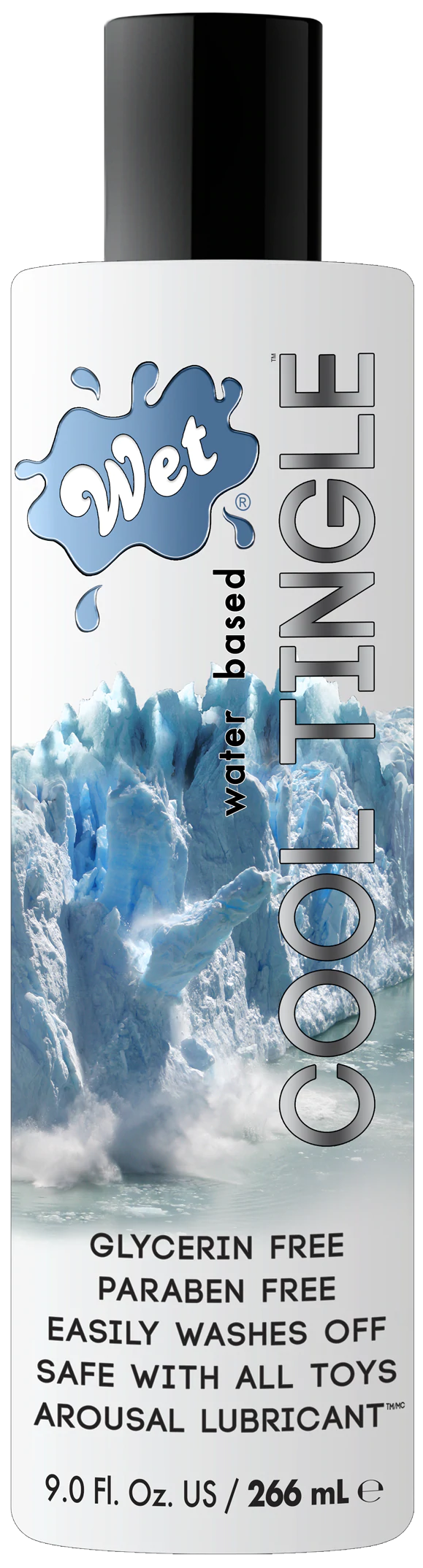 Wet Cool Tingle water-based lubricant with glacier imagery.