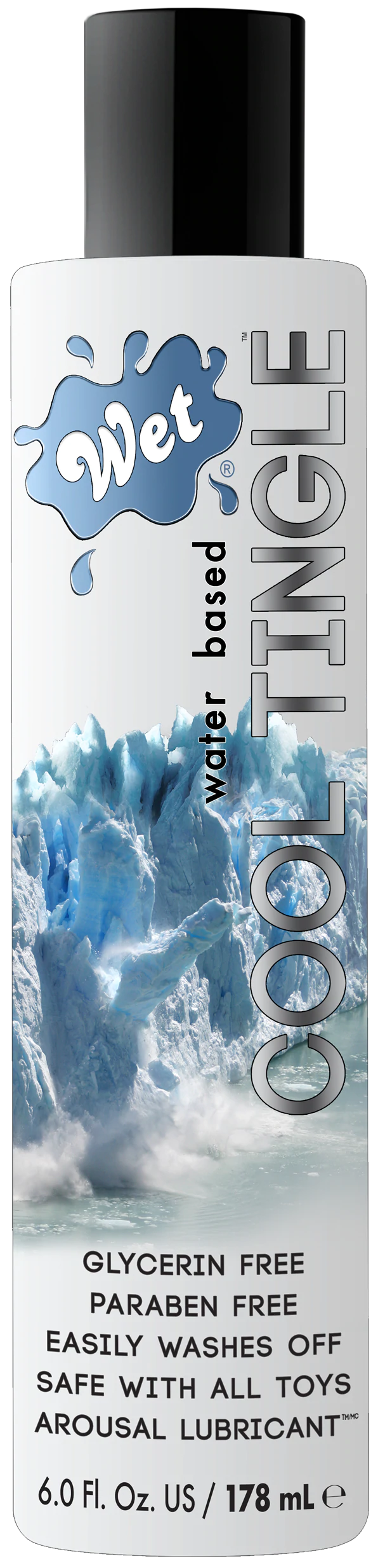 Wet Cool Tingle water-based lubricant with a glacier image.