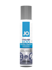 JO Cooling H2O water-based personal lubricant in a silver-capped bottle.