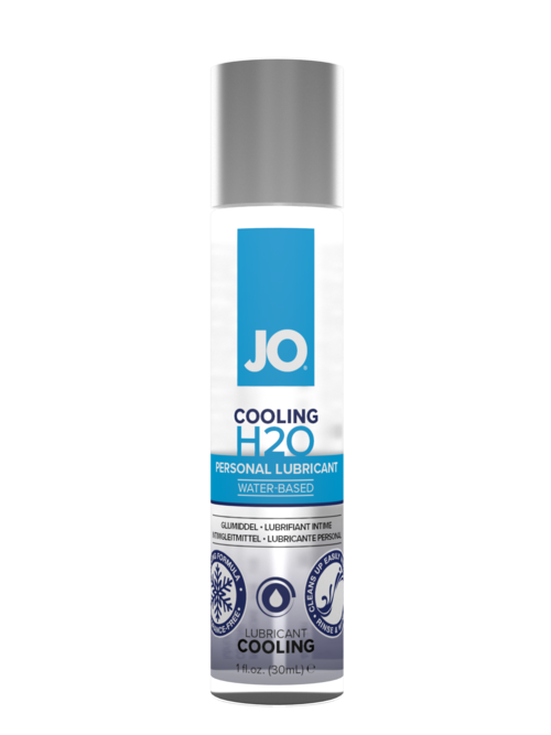 JO Cooling H2O water-based personal lubricant in a silver-capped bottle.