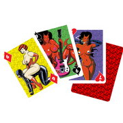 Three illustrated playing cards featuring pinup and devil girl art.