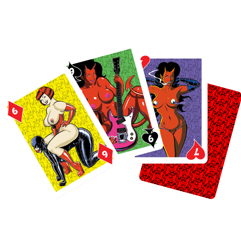 Three illustrated playing cards featuring pinup and devil girl art.