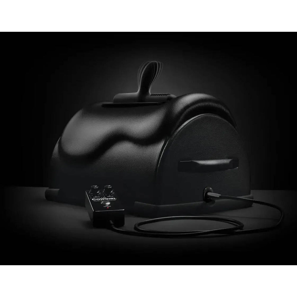 Black app-controlled riding sex machine with remote.