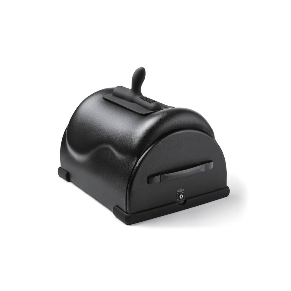 Black app-controlled riding sex machine with a curved saddle shape.