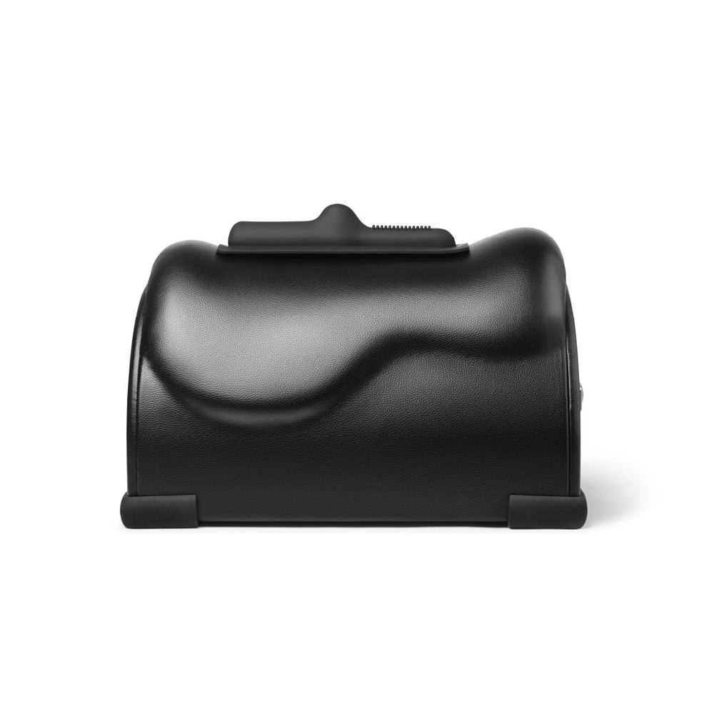 Black app-controlled riding sex machine with a curved saddle shape.
