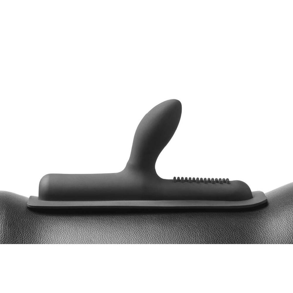 Black riding sex machine with a curved stimulator and textured edge.