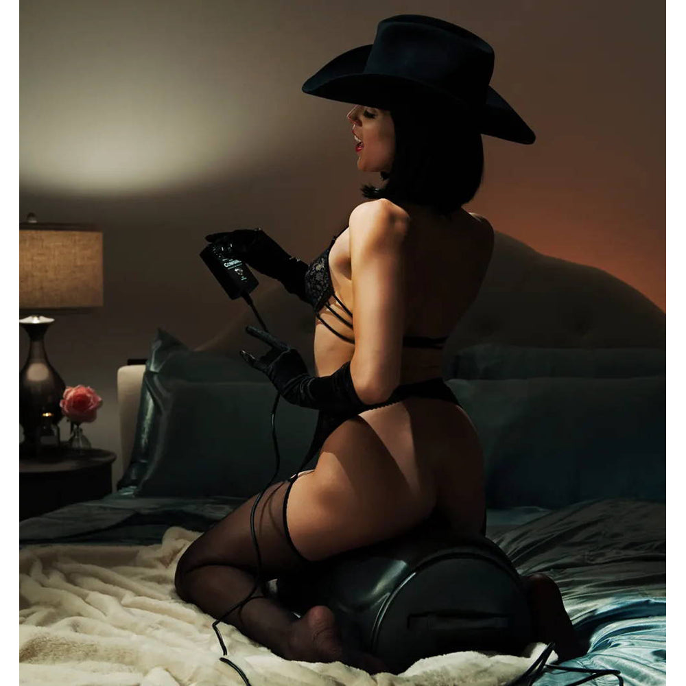 Cowgirl app-controlled riding sex machine with remote.