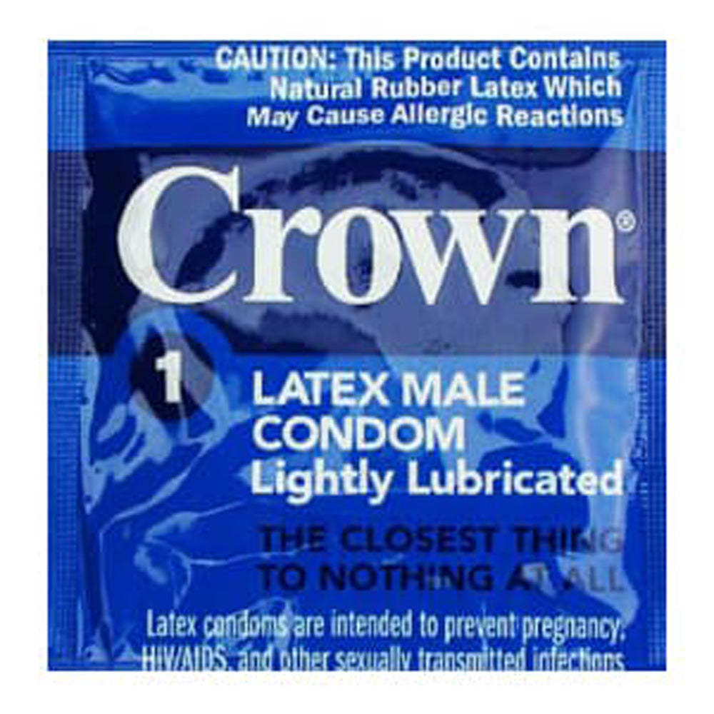 Crown brand lightly lubricated latex male condom packaging.
