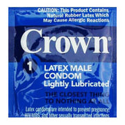 Crown brand lightly lubricated latex male condom packaging.