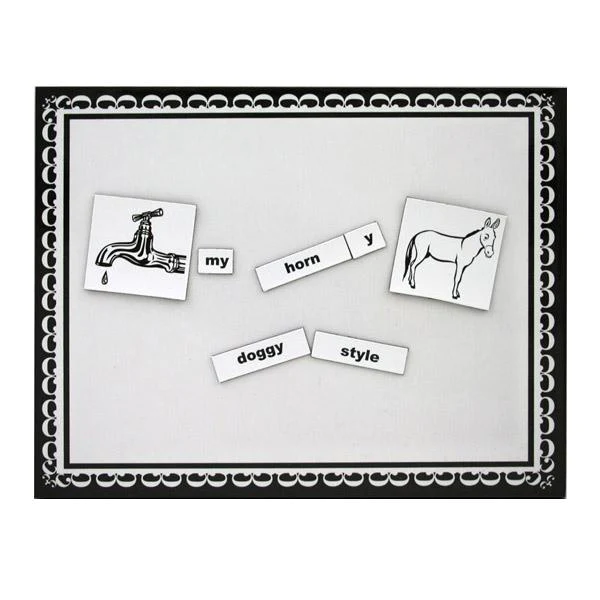 Magnetic word game with images of a faucet, donkey, and word tiles.