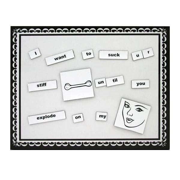 Magnetic word tiles with a drawing of a face and a bone-like image on a board.