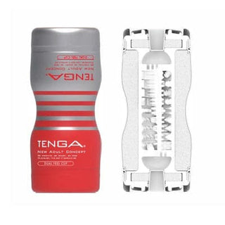 Red Tenga Dual Sensation Cup male masturbator with internal textured sleeve.