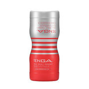 Red Tenga Dual Sensation Cup male masturbator with silver stripes.