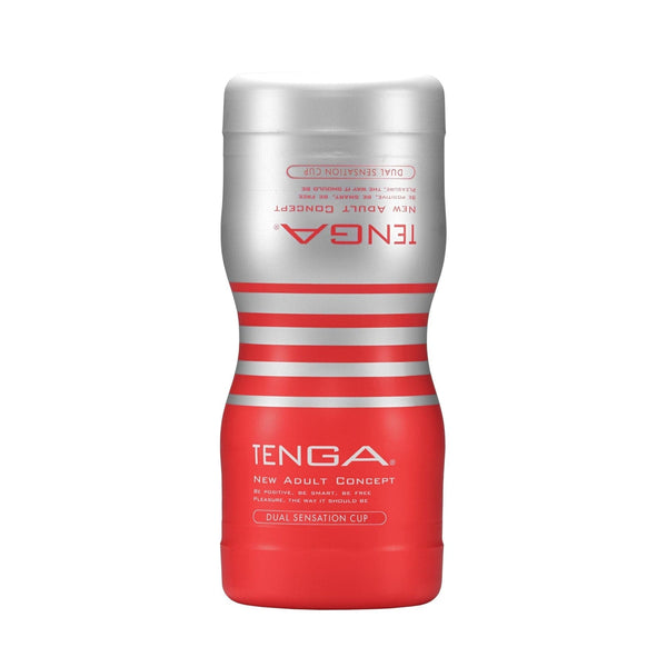 Red Tenga Dual Sensation Cup male masturbator with silver stripes.