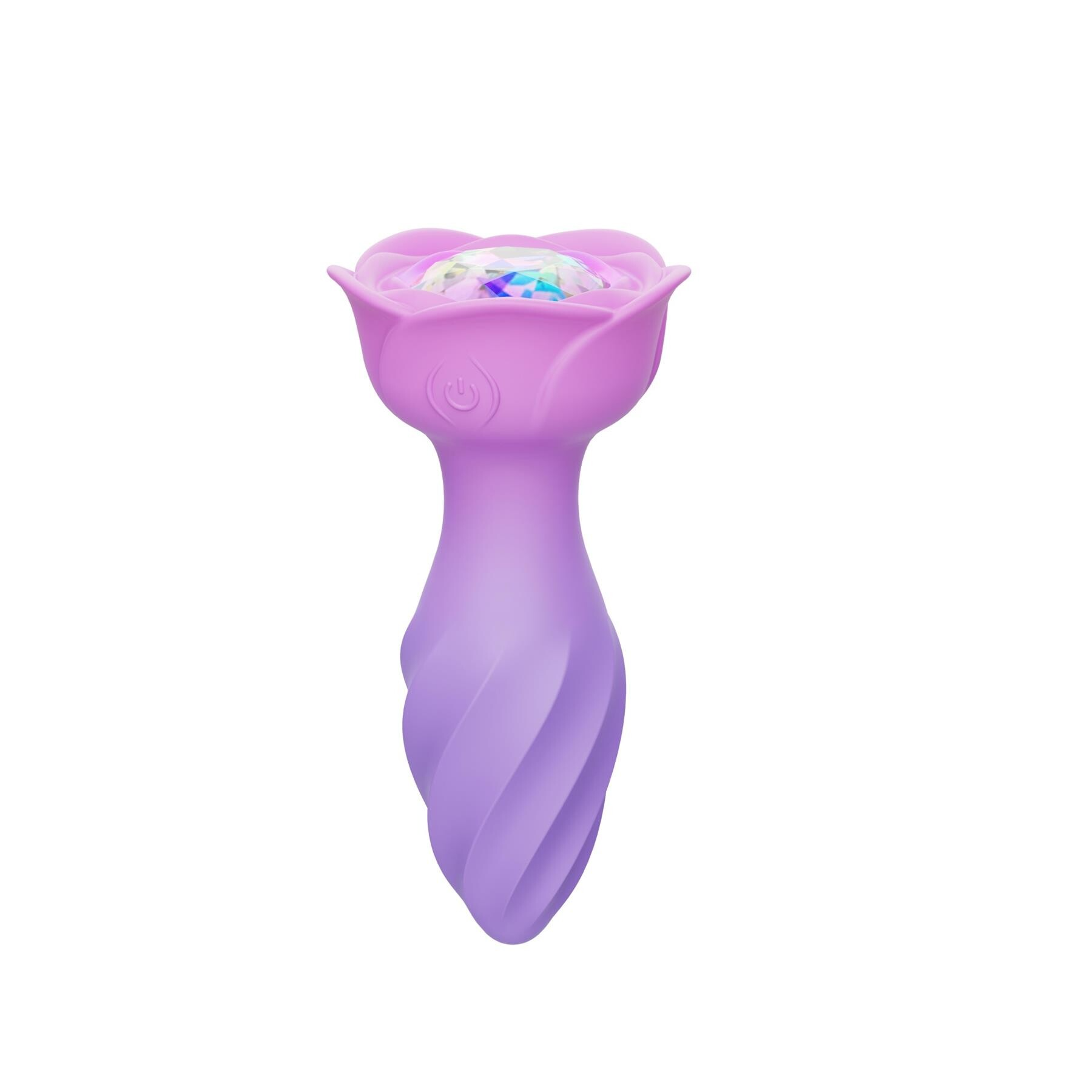 A purple silicone anal plug shaped like a rose with a jeweled center.