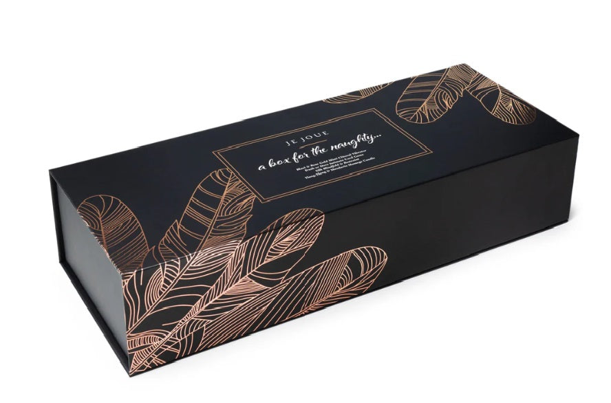Black gift box with rose gold feather design and "a box for the naughty..." text.
