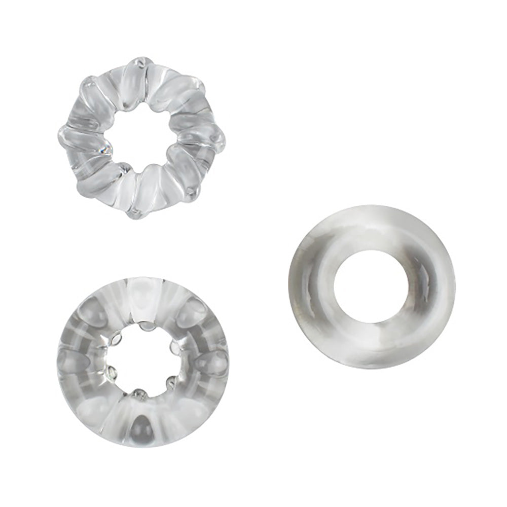 Clear cock ring set with three different textures.