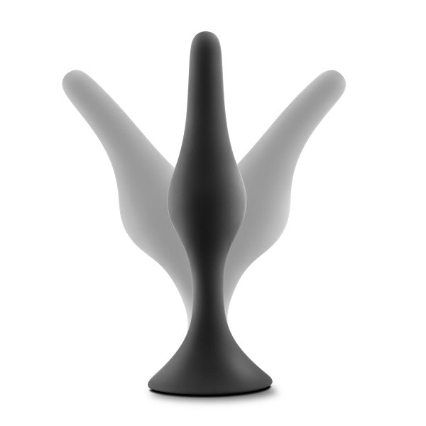 Black silicone anal plug with three graduated sizes.