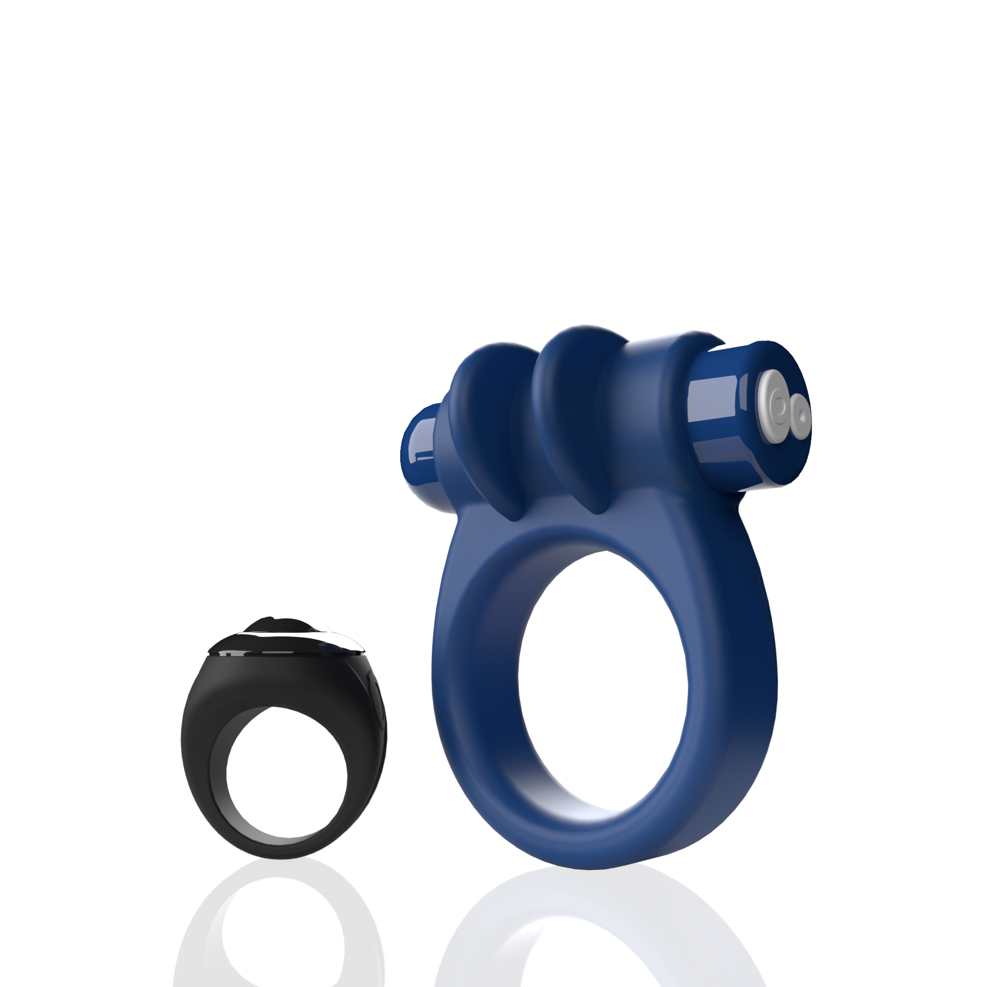 A blue vibrating cock ring with a smaller black ring beside it.