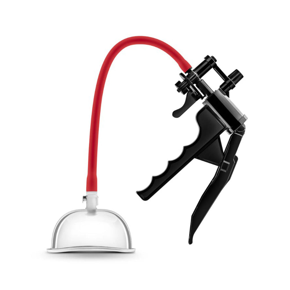 A black pump with a red hose and clear dome-shaped cup.