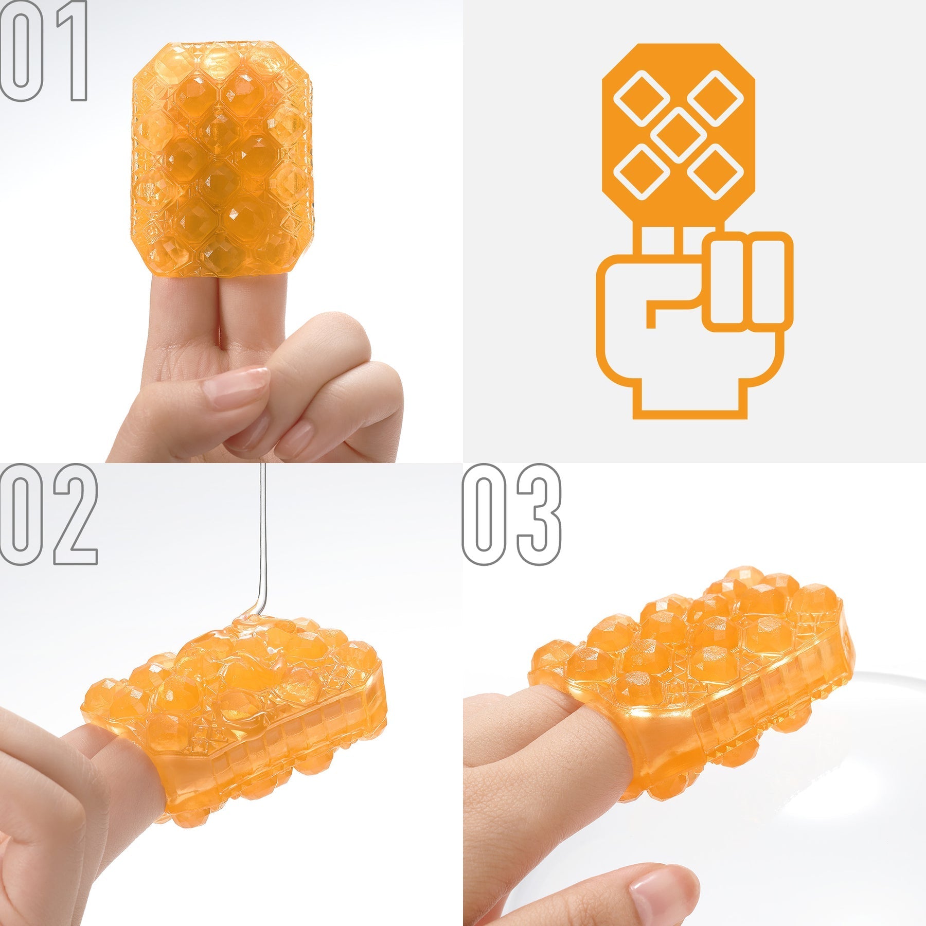Orange textured pleasure sleeve on a finger, with steps 01, 02, and 03.