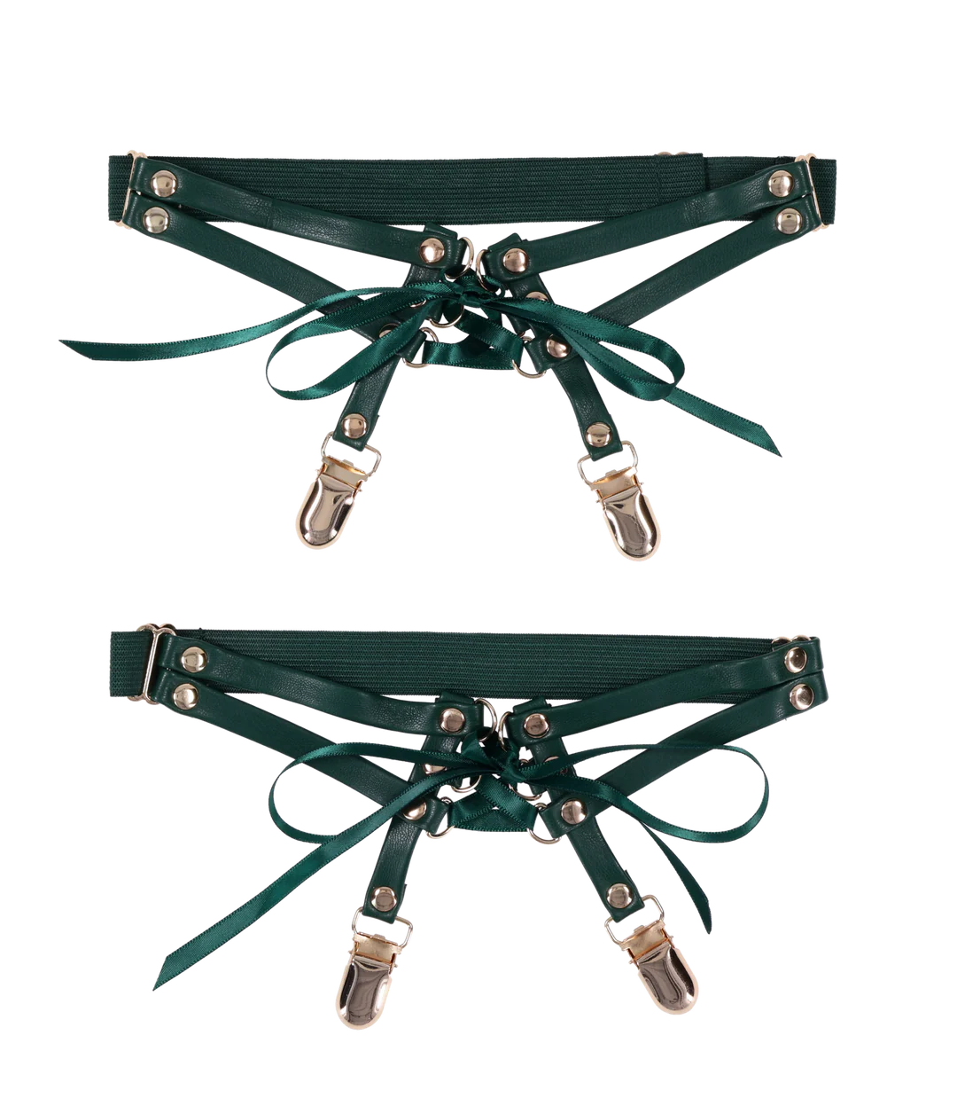 Emerald faux leather garters with satin laces and silver clips.