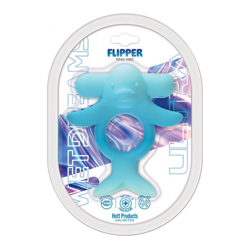 Blue dolphin-shaped Flipper Ring Vibe made of liquid silicone.