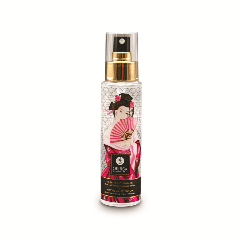 Shunga Gentle Cleaner spray for intimate accessories with geisha design.