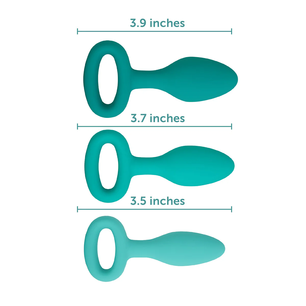 Three teal anal plugs of increasing size with measurement lines.